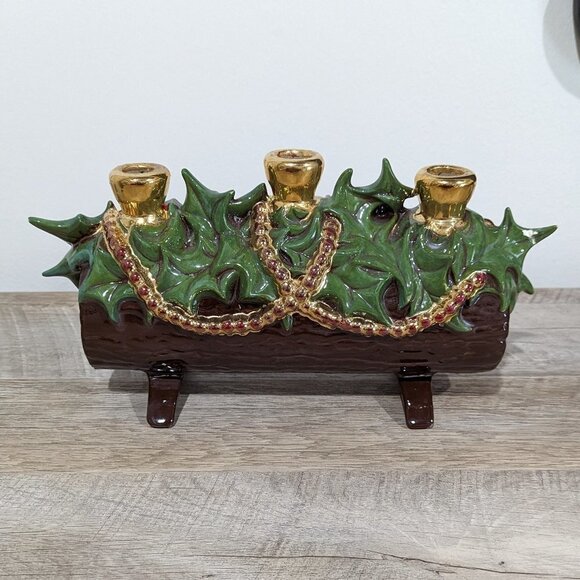 Vintage Atlantic Mold 1970's ceramic log with holly 3 candle candleholder - Picture 1 of 6